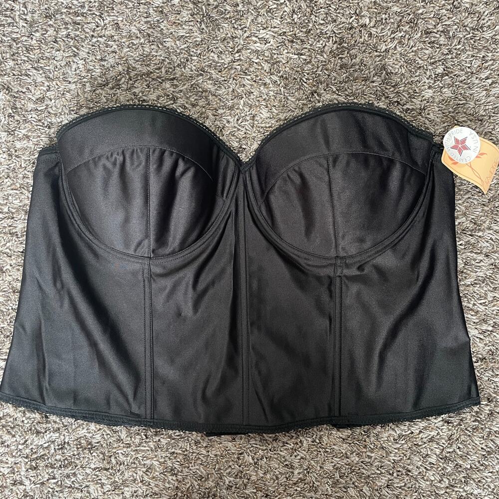 Vintage Corset Bustier Plus Size 52D Black Satin Lace Trim Lingerie Boudoir Bra